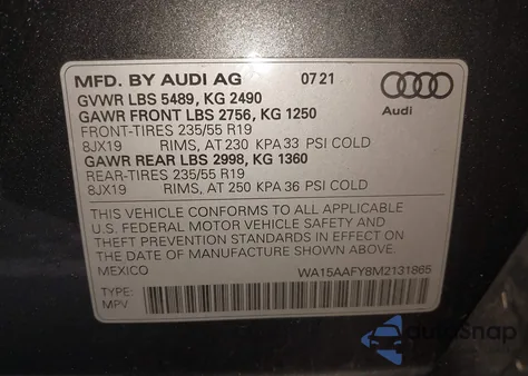 2021 Audi Q5 Sportback Premium Plus 45 Tfsi Quattro S Tronic from USA, damaged, VIN WA15AAFY8M2131865